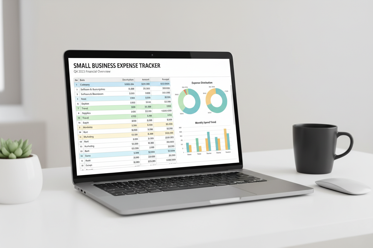 Small Business Expense Tracker spreadsheet open on a laptop in a clean professional desk setup