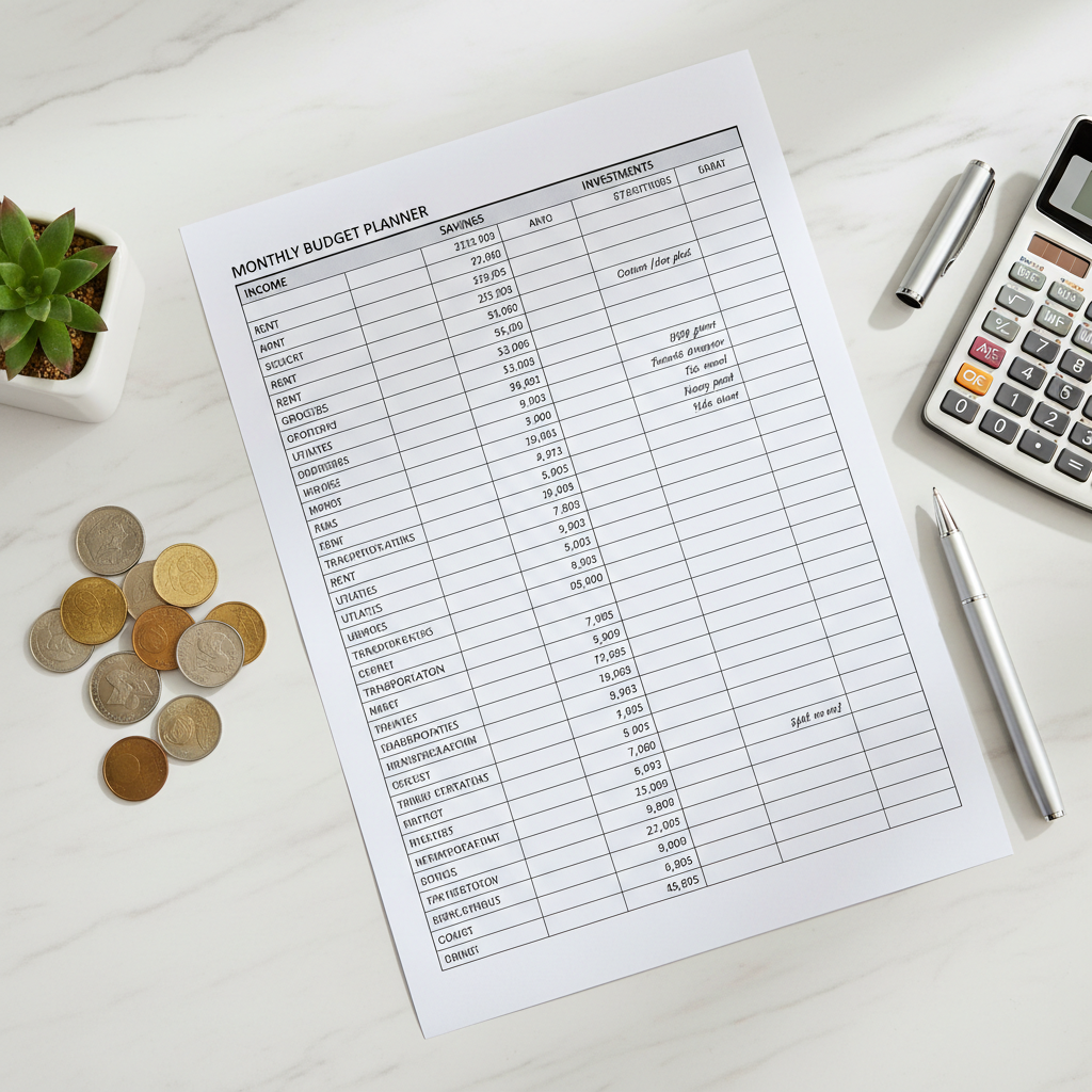 Monthly Budget Planner flat lay with pen, calculator, and coins on marble desk