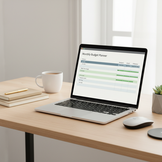 Monthly Budget Planner spreadsheet on laptop mockup